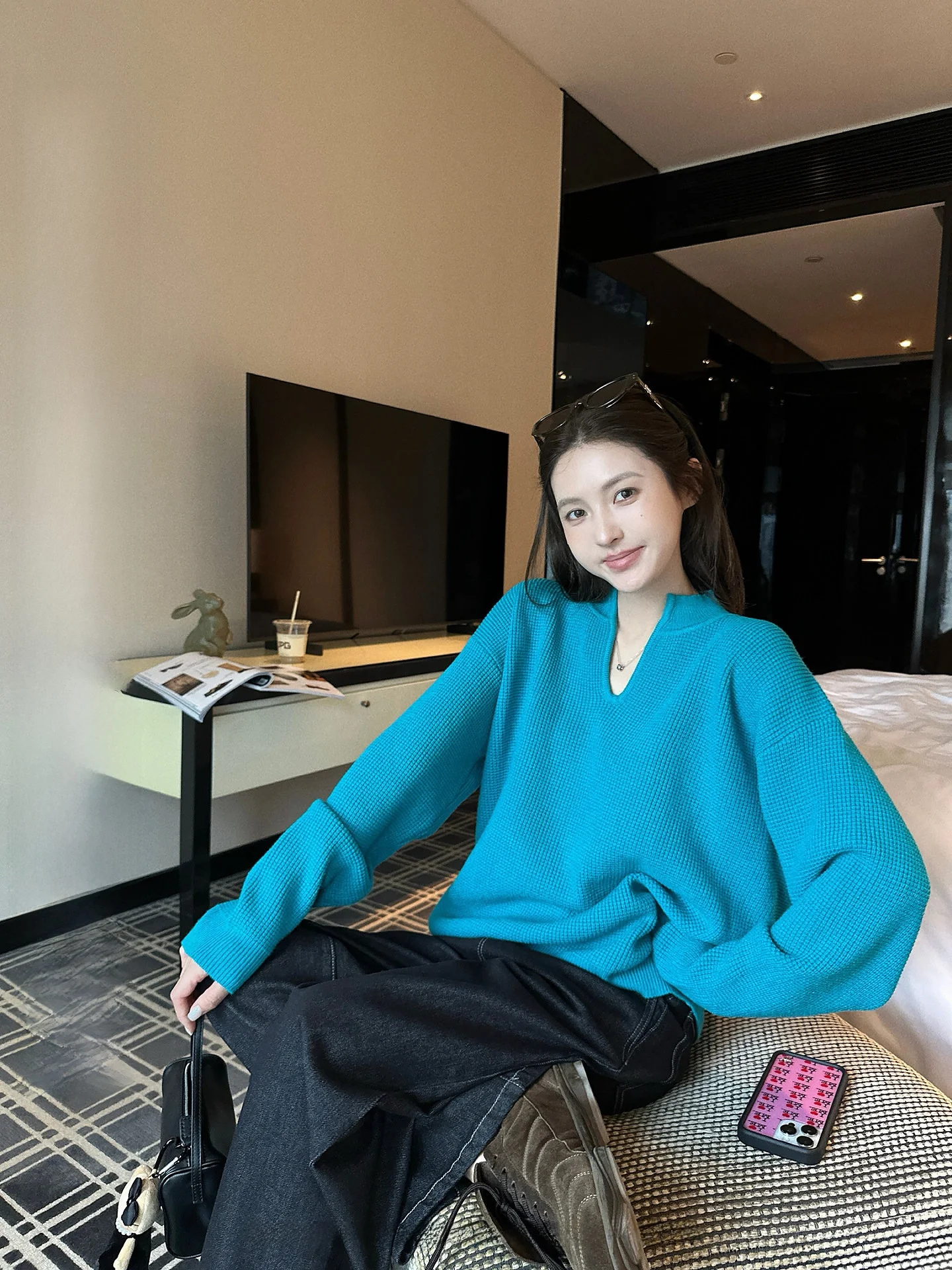 

NingSi Women's V-Neck Sweater Casual Loose Slimming Casual Knitted Top Early Autumn New Style Versatile Comfortable Fit