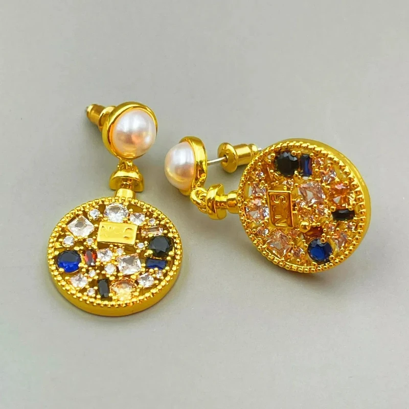 Retro Korean Light Luxury Perfume Bottle Stud Earrings Colorful Zircon Simple Jewelry Set for Women Charm Pendant Sweater Chain