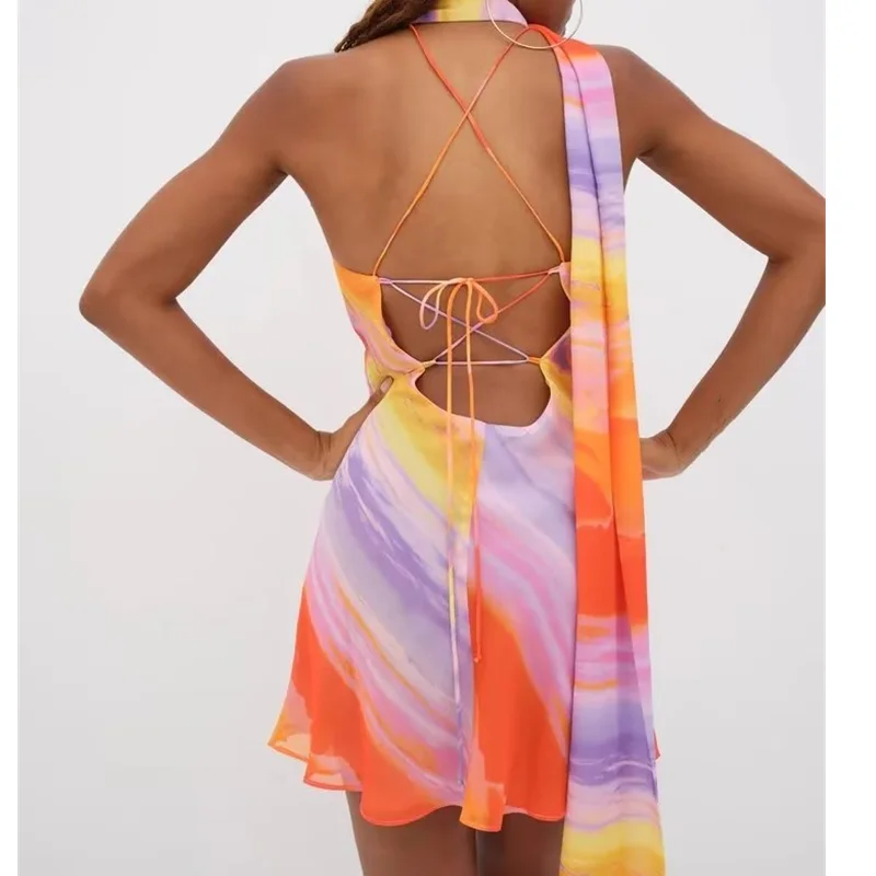 Sexy Halter Collar Orange Gradient Tie dye print Cross lacing up Bow Backless Sling Dress Women Irregular Mini Robe Vestido