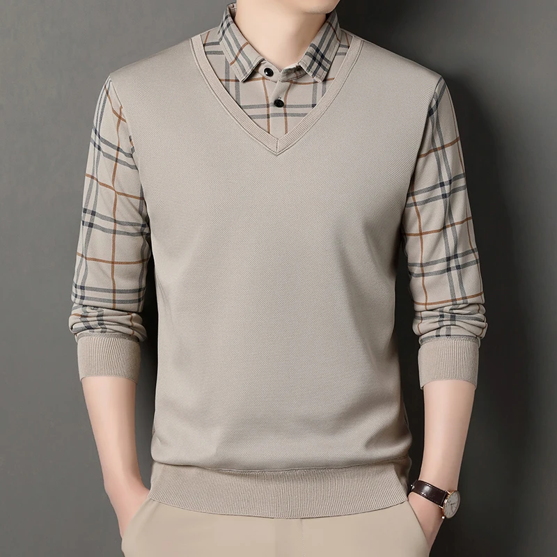 Autumn Winter Mens Fleece Pullover Men\'s Polo Collar Sweater Knitwear Classic Plaid Sweaters Thick Warm Khaki Korean Clothing