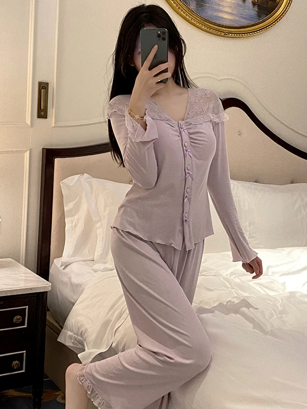 

Women's Modal Sleepwear Spring Autumn Long Sleeve Home Clothes Set with Chest Pad Pure Desire Style V-neck Button Front Casual