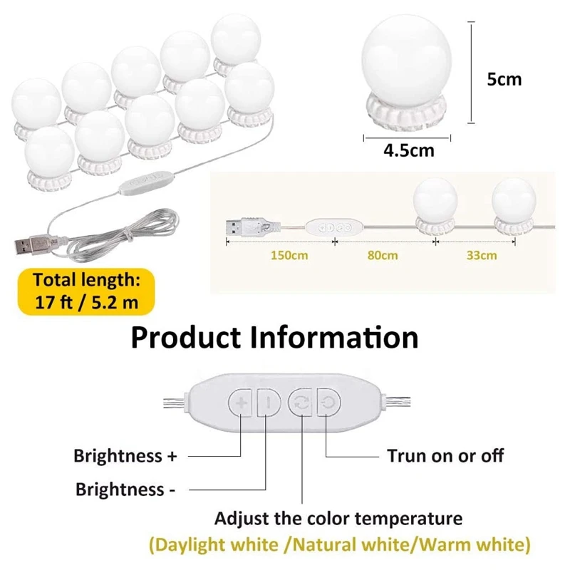 LED Vanity Mirror Lights With 10 Dimmable Bulbs 3 Color Modes, Makeup Lights For Dressing Table Mirror, Bath Mirror