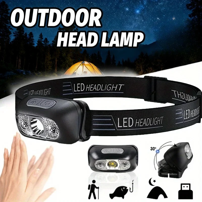 Mini Ultra-bright Sensor Industrial Headlamp Portable LED Headlight USB-C Rechargeable Flashlight for Outdoor Camping Fishing
