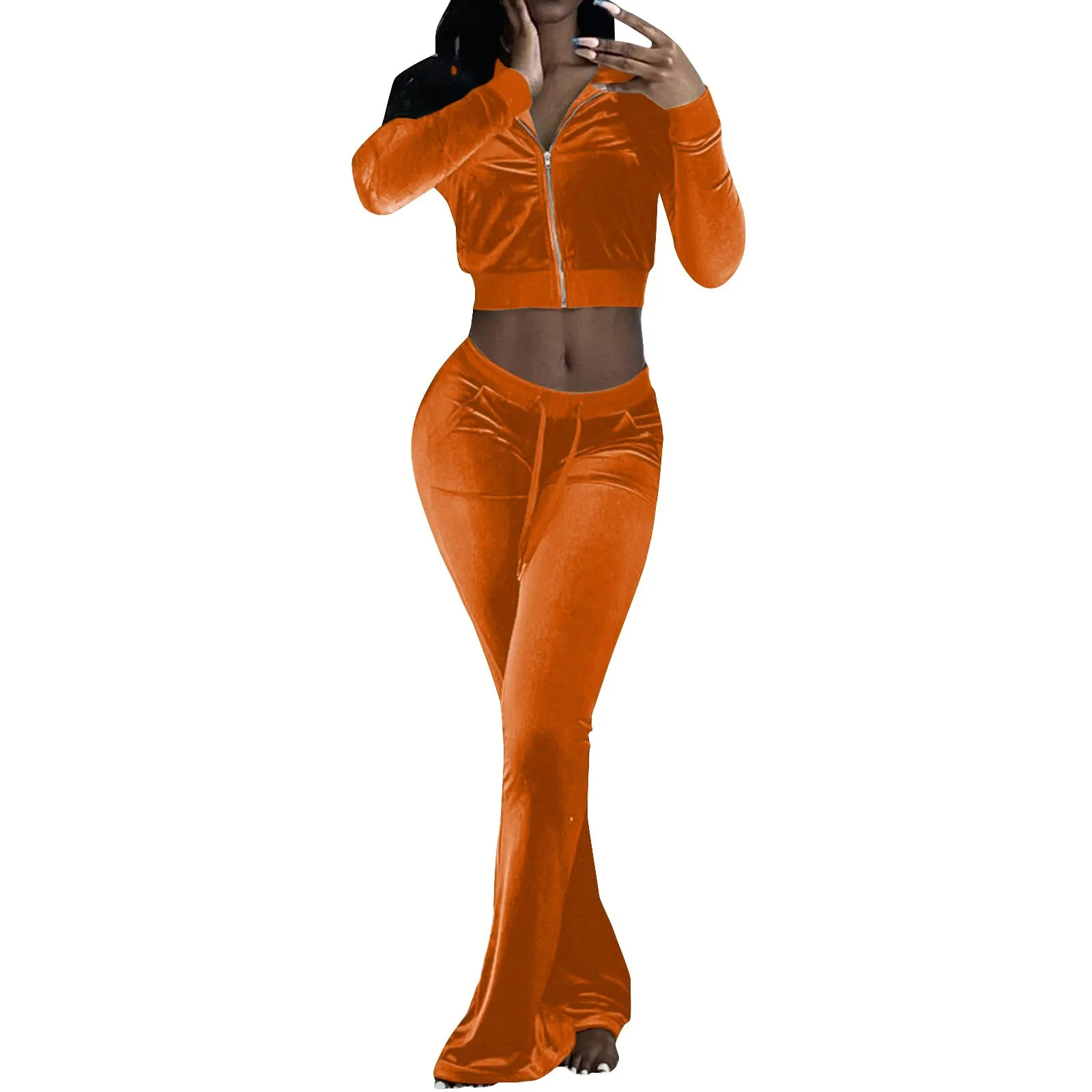 Velvet Women 2 Two Piece Set Autumn Winter Outfits Crop Tops Flare Pants Tracksuit Sexy Loungewear Clothing Lady Velour Suit