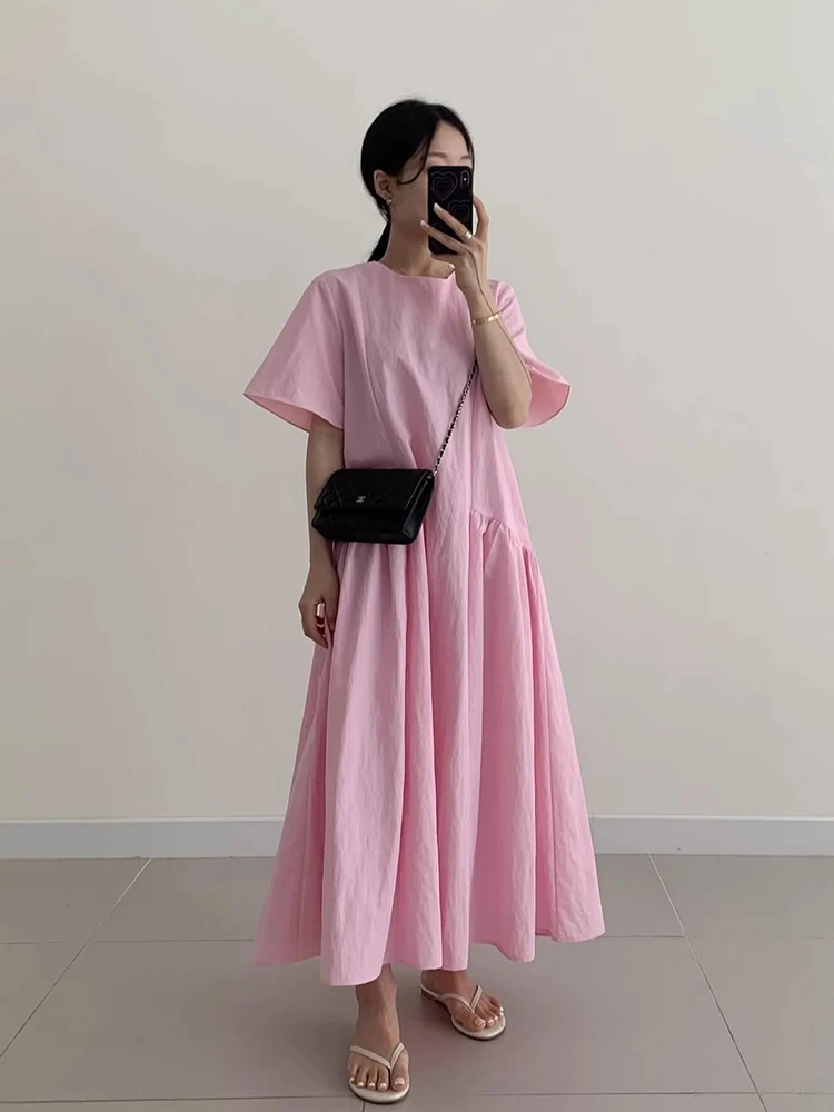 Chic été Anti-âge rond Ne épissure plissé ample décontracté bulle Sve couleur longue Dr coréen Sle taille ample