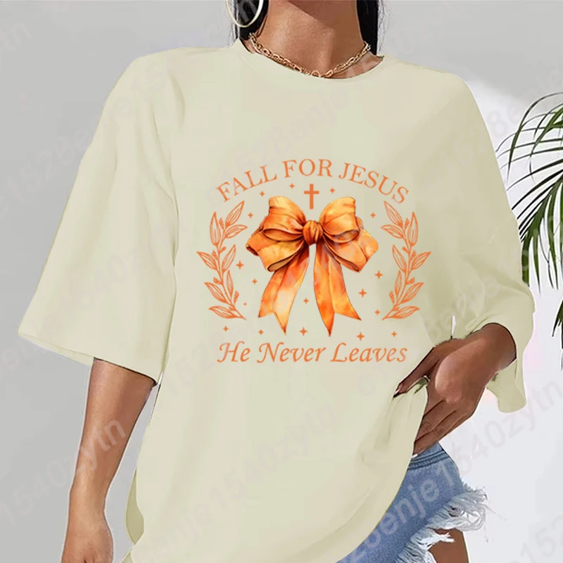 Bow Fall For Jesus He Never Leaves Print T-shirt Short Sleeve T Shirt Round Neck Tees Summer Women Oversized Tops