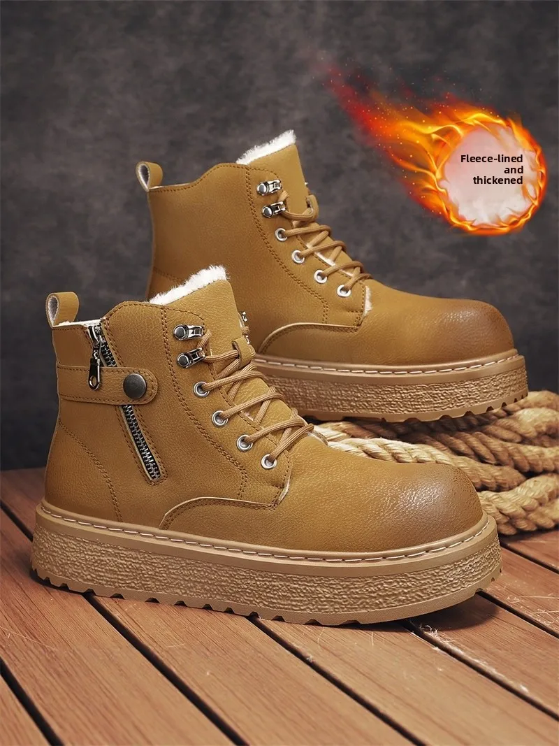 

Men's Winter Boots Fur Lined Thick Bottom Heightening Cold Proof Snow Boots British Style Retro Workwear High Top