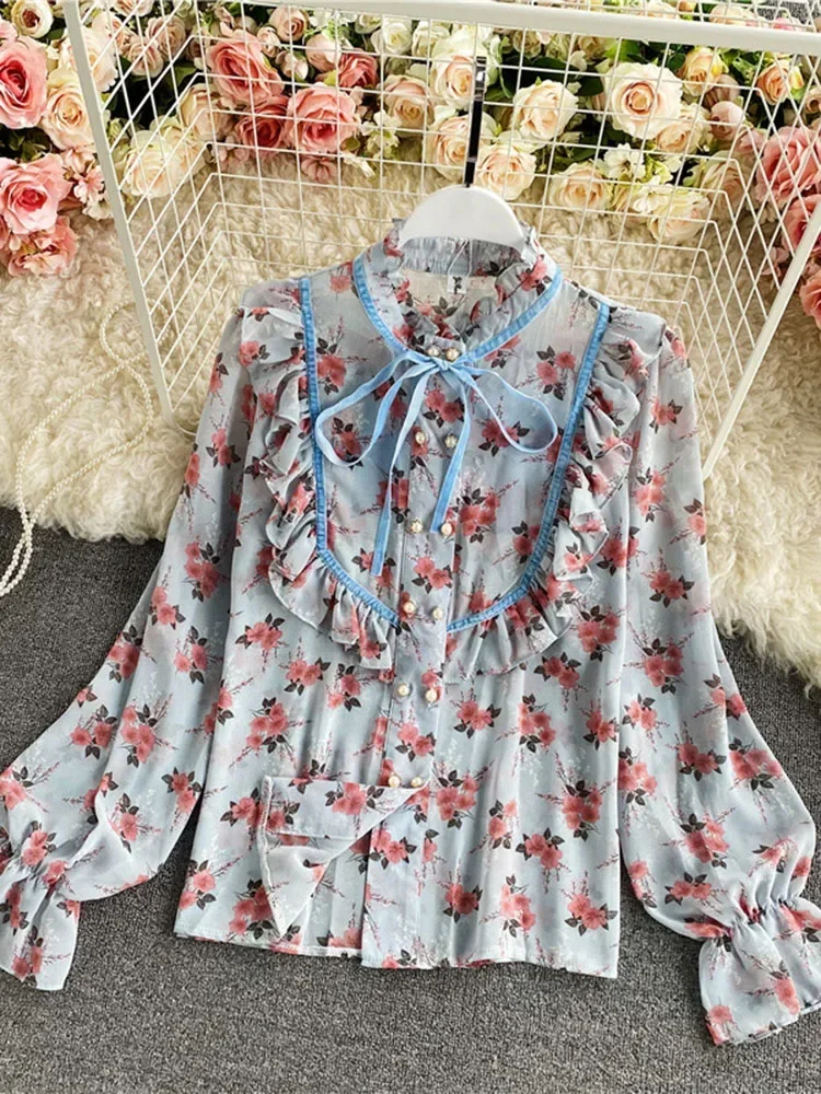 Spring Autumn New Loose Temperament Blouse Women's Fungus Stand Collar Ruffled Floral Trumpet Sleeve Chiffon top Shirt C151