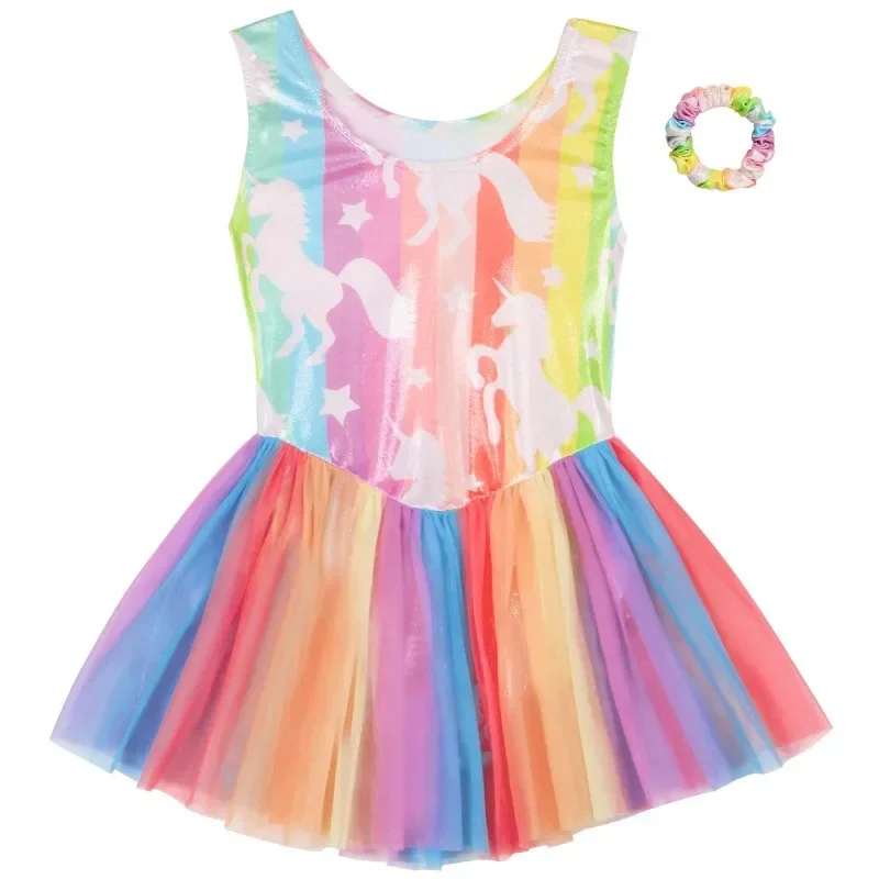 Snow Rainbow Sleeveless Practice Dress 4-8Y Kids' Fashion Ballet Gymnastics Leotards Princess Mesh Dress Stage Performance Dress