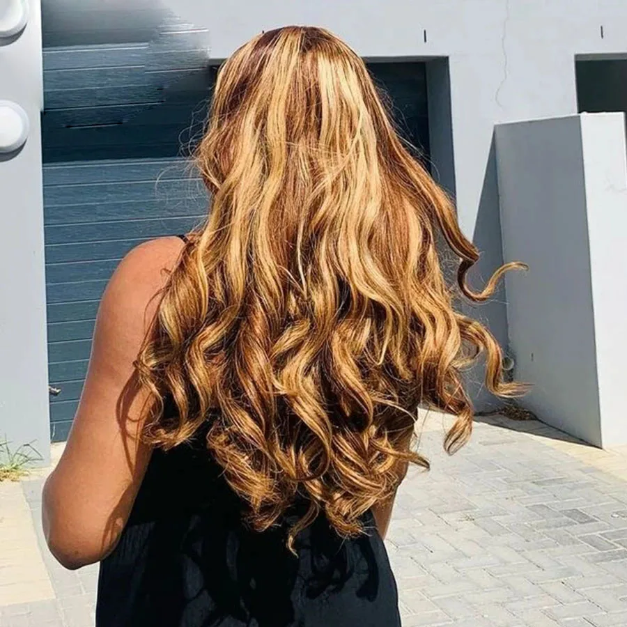 Highlight Honey Golden Blonde Loose Wave V Part Wigs Wavy Dark Brown100% Human Hair Wig Unprocessed Middle Open U Shape Full End