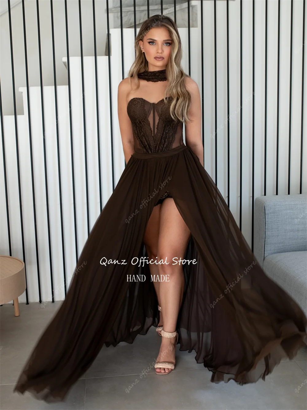 Qazn Bruin Chiffon Avondjurken Sweetheart Hoge Split Vestidos De Boda Para Fiestas Kant Lange Prom Jurken 2025, Aangepast