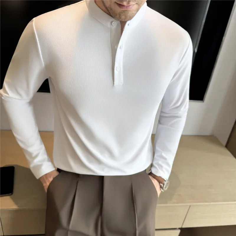 

Men Henry Collar POLO Shirt Long Sleeves Autumn British Style Solid Casual Top Slim Fit T-shirt Quality Fashion Men Clothing