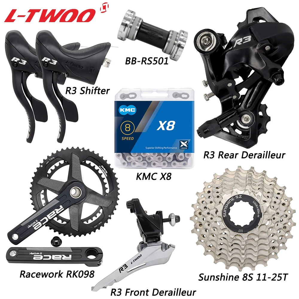 

LTWOO R3 Derailleur Kit for Road Bike 2X8 Speed KMC X8 Chain RS501 Bottom Racework Crankset 50-34T/52-36T Sunshine 8S Cassette