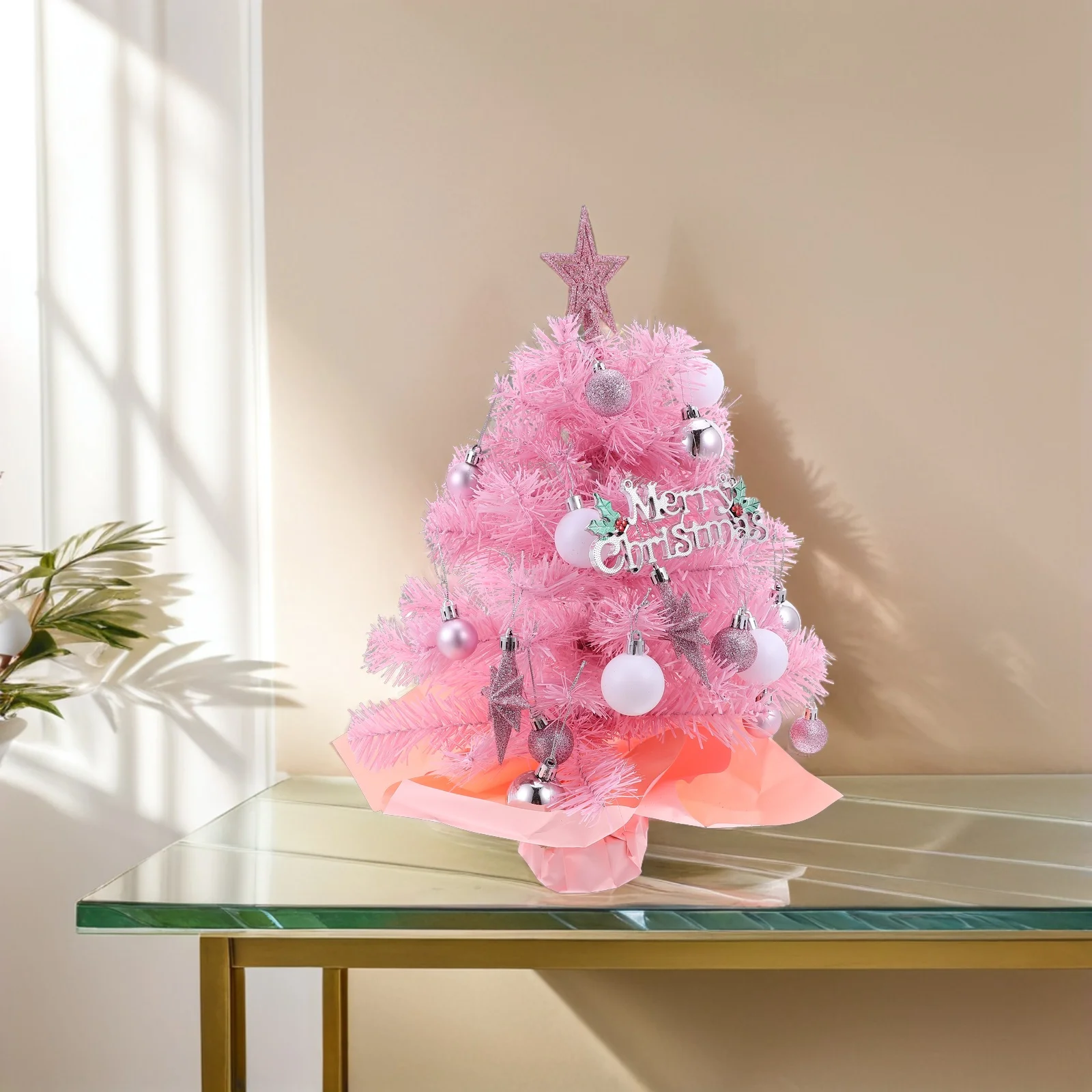 

1pcs 2Ft Mini Christmas Tree Pink: Small Tabletop Pre-Lit Artificial Xmas Tree With Led Lights Ornaments For Desk Holiday Decor