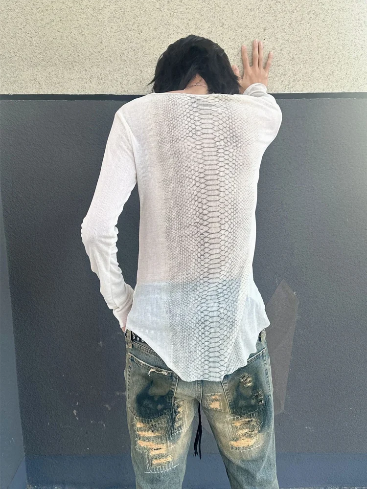 Spring Autumn Men Dark Grunge Streetwear Snake Skin Gradient Print Round Neck Slim Fit Curved Hem Long Sleeve Tee