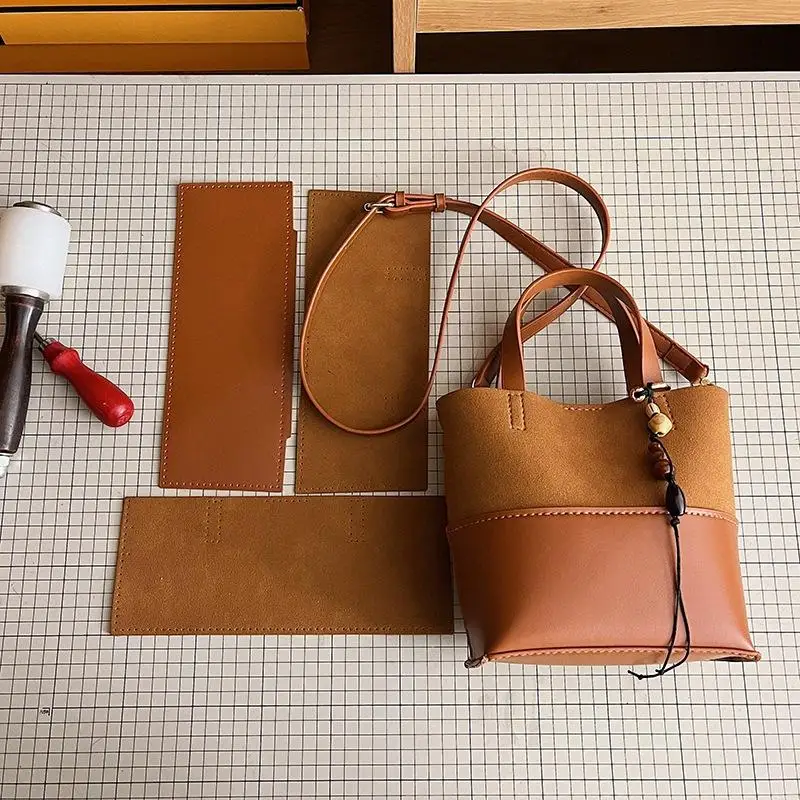 DIY Knitted Bag - Colorful Brown PU Leather Shoulder Sling Women's Bag - Beginner Set of Solid Color Large Capacity Bag