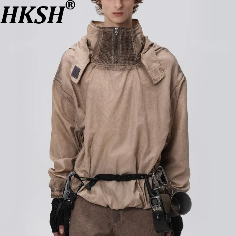 HKSH Spring Autumn Winter New Men Punk Waste Land Dirty-Dye Zipper Jacket Outdoor Detachable Hooded Mesh Back Sweatshirt HK17156