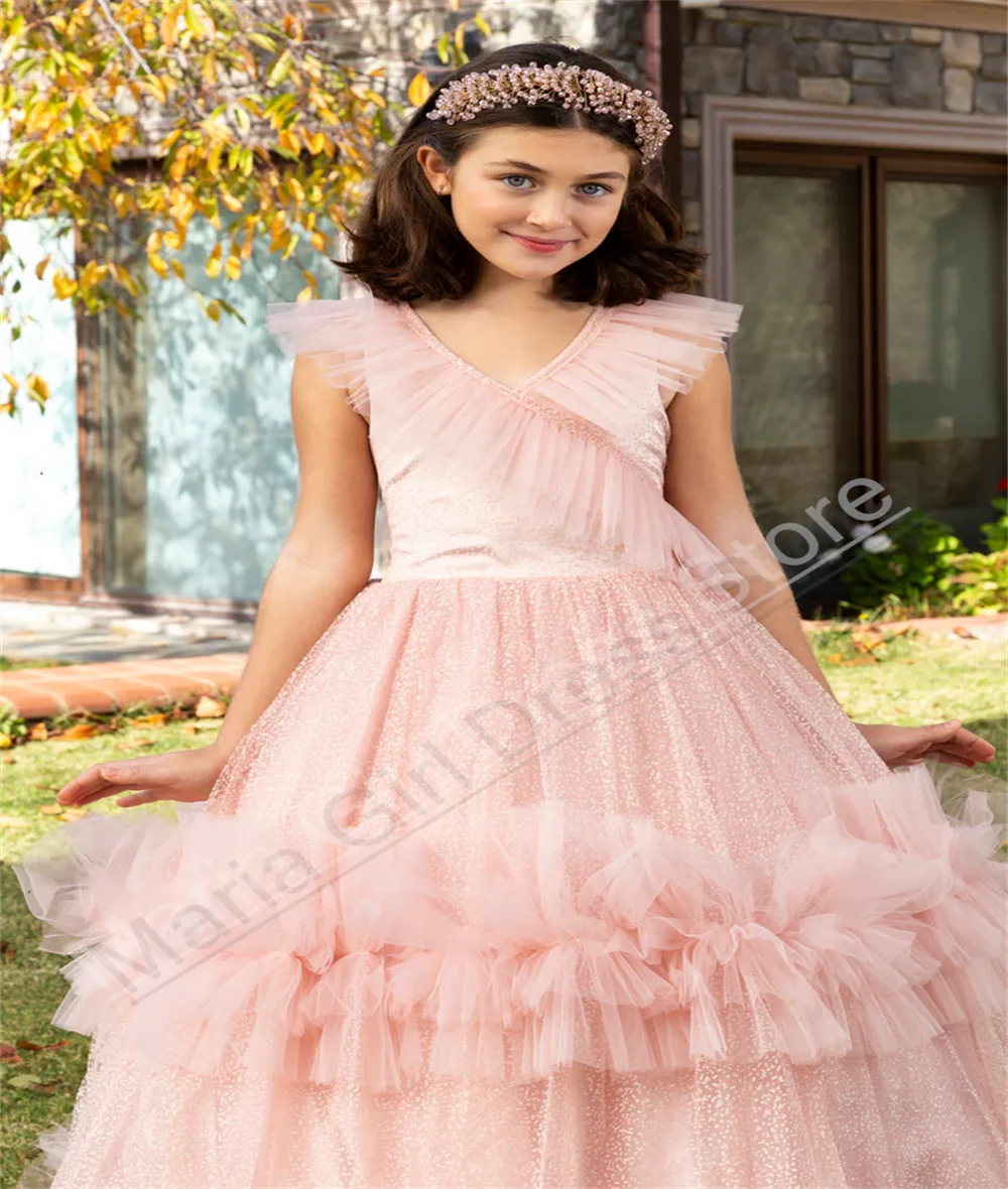 Robe à fleurs rose pour filles, col en V, à volants, élégante, moelleuse, longueur au sol, personnalisée, pour fêtes d'anniversaire pour enfants