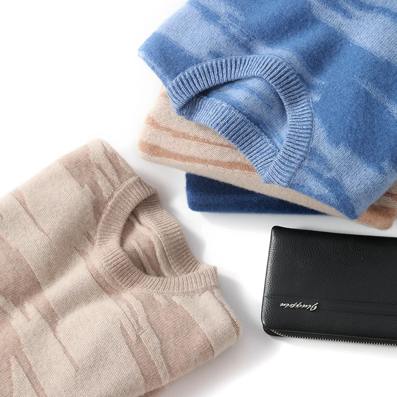 Double Thick 100% Pure Wool Men's Round Neck Long Sleeve Pullover Gradient Contrast Casual Knitted Sweater