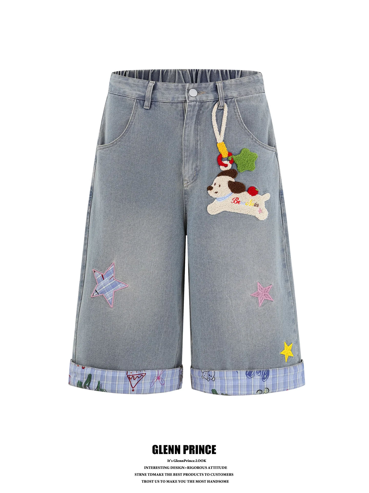 

Trendy Brand Towel Embroidered Dog Ear Jeans Men's Summer Straight Leg Wide Leg Seven-Foot Pants Cotton Polyester Blend