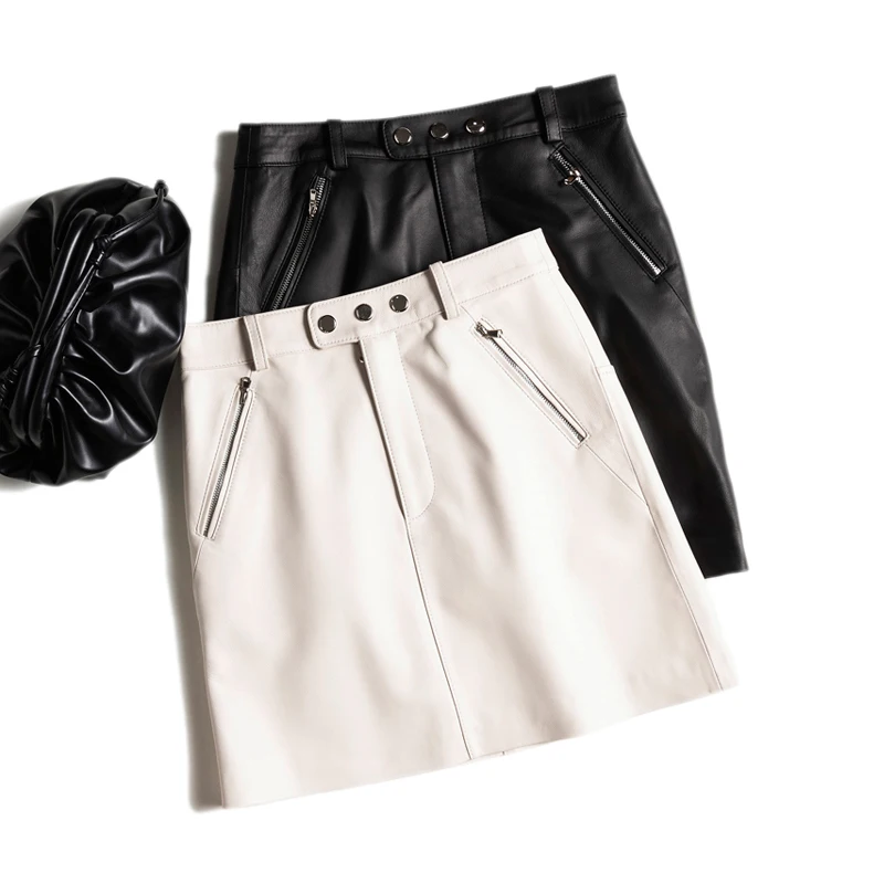 Genuine Leather Sexy Mini Skirt Women 2025 Spring South Korean Fashion High Waist Buttons Retro A-line Skirt
