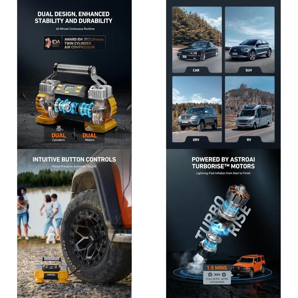 

Yellow 160 PSI Portable DC Tire Inflator Pump with Auto Shutoff, Dual Cylinders and Motors, 12V Air Compressor for Various Vehic