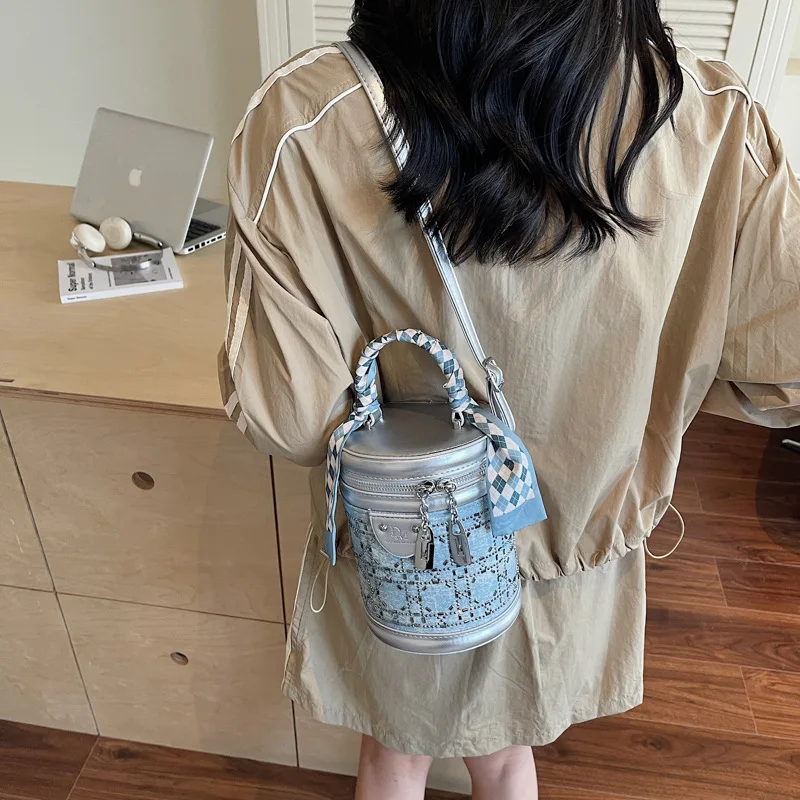 

2025 Rhinestone Bucket - Western Denim Shoulder Bag Convertible Carry, 12in Fits Tablet