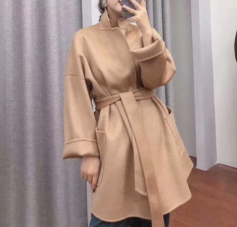 

100% Wool Water Ripples Regular Length Woolen Jacket Women Coat Double-sided Lace-up Middle Length For Autumn Winter With Belt