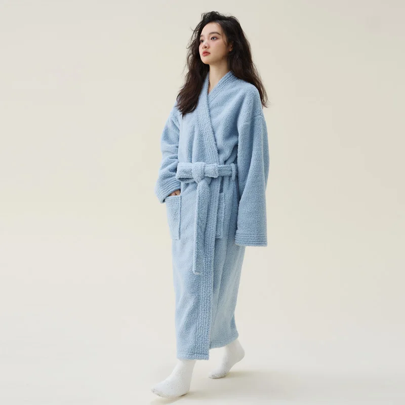 Autumn Winter New Couple Nightgown Coral Plush Plus Thick Plush Men's and Women's Extra Long Solid Causal Bathrobe