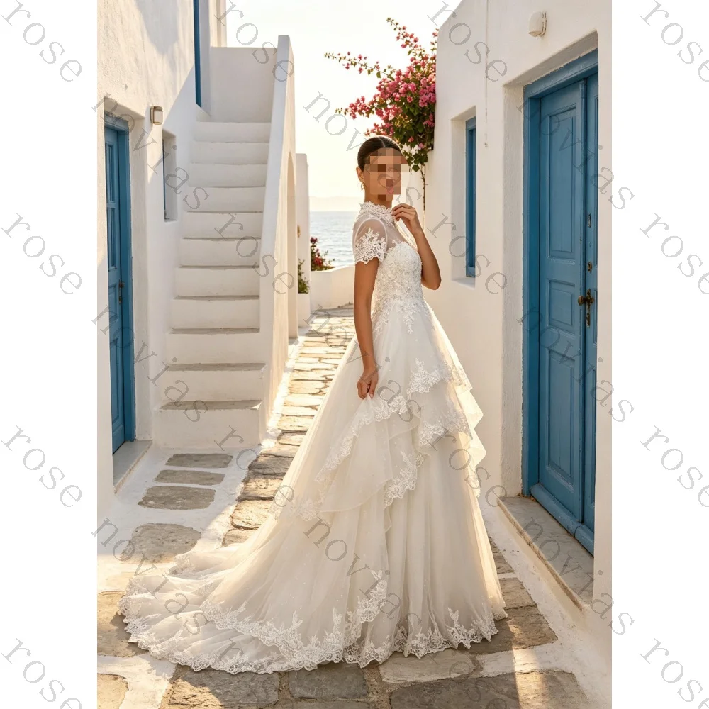 Customized Lace High Neck Short Sleeved Layered Wedding Dress 2026 Backless Chiffon Fluffy with Big Tail Elegant Bridal Gown