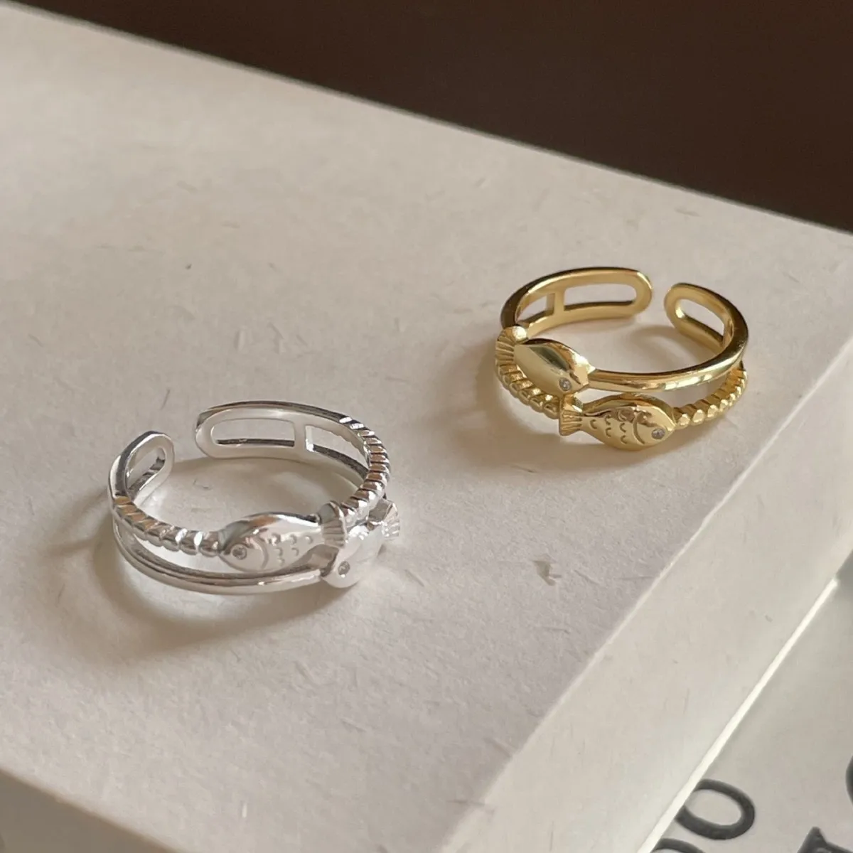 PANJBJ 925 Sterling Silver Fish Ring for Women Double Layer Weave  Texture Hollow Out  Design Originality Jewelry Dropshipping