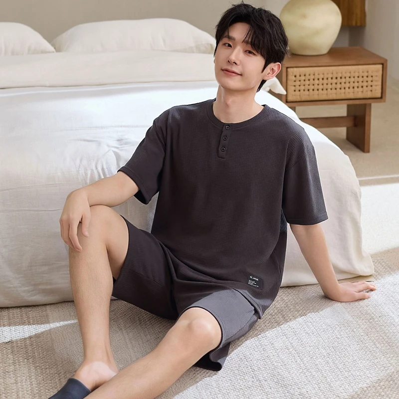 2026 Summer Short Sleeve 100% Cotton Pajama Sets for Men Korean Loose Sleepwear Pijama Hombre Pyjama Homewear Male Home Clothes