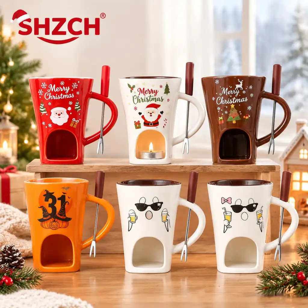 Festive Pattern Ceramic Chocolate Fondue Mug with Dipping Fork Individual Melting Cup for Indoor Dessert Party Holiday Gift