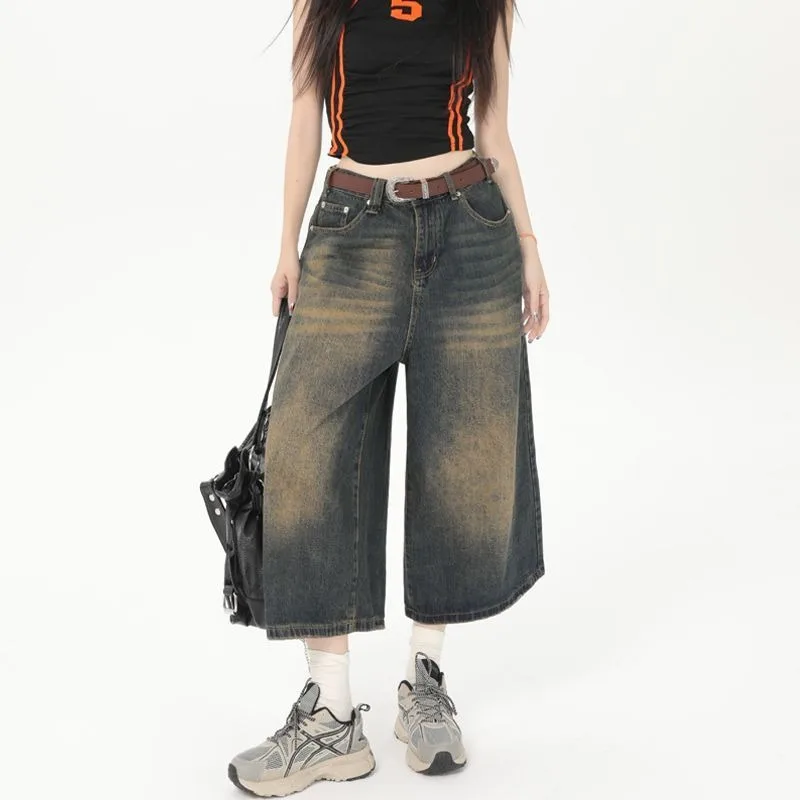 

Women's Vintage Washed Wide Leg Jeans High Waist Loose Straight Cropped Denim Pants