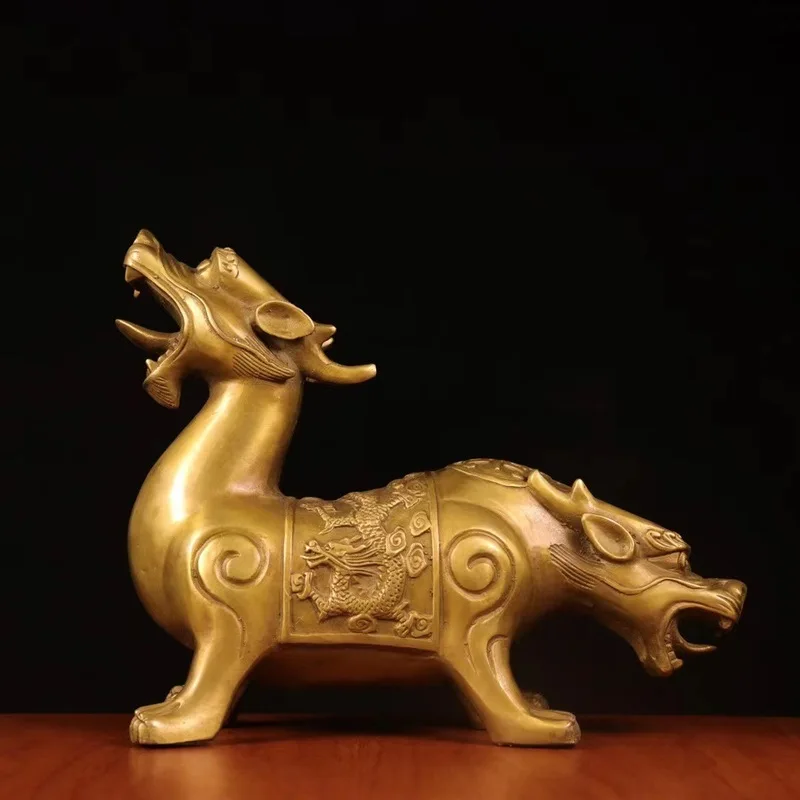 Copper Tianlong DiHu Ornament, Brass Pixiu Two-Headed Beast, Large Size, Home Living Room Office Craft, Opening Gift