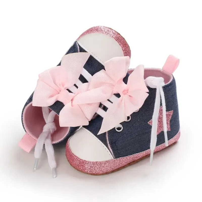 Sapatos de lona bebê estrela meckior para meninas, sapatos de princesa com cordões, bowknot brilhante, sola macia, antiderrapante, de topo alto, criança pequena