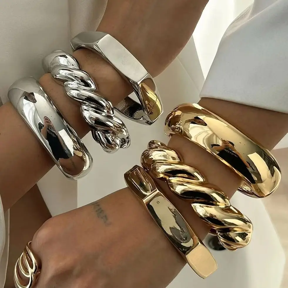 

KunJoe 3 Styles New Fashion Gold Color Silver Color Wide Cuff Bangles Vintage Geometric Metal Spring Bangles for Women Bracelets
