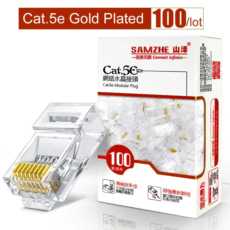 SAMZHE Cat5e RJ45 Modular Plug 8P8C Connector for Ethernet Cable,Gold Plated CAT 5e Gigabit Bulk Ethernet Crimp Connectors