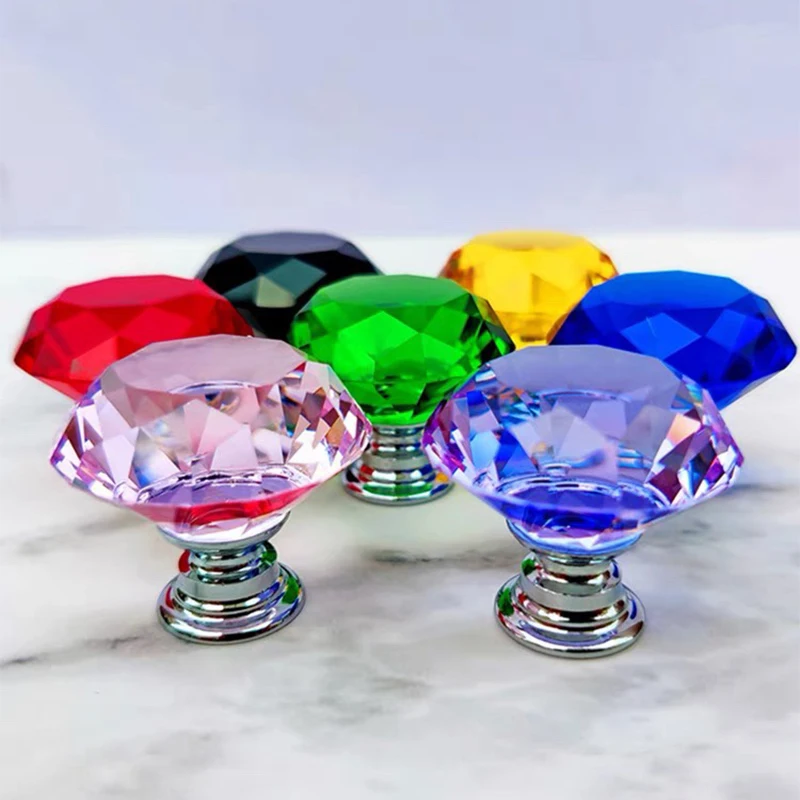 12/20Pcs 30mm Door Knobs Set Colorful Diamond Clear Crystal Glass Zinc Alloy Auxiliary Cabinet Wardrobe Handles Drawer Pull