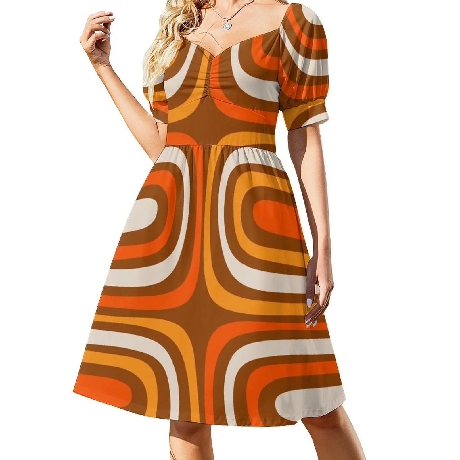 

Midcentury Modern Confaab Abstract Vertical Pattern in Retro 70s Light Brown and Orange Sleeveless Dress party dresses women