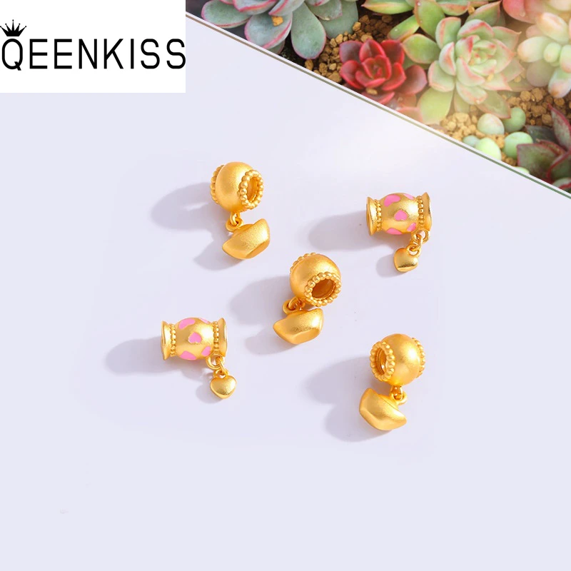 QEENKISS 24KT Gold Ingot Candy Beads Charm For DIY Bracelet Making For Girl Children Jewelry Accessories Bulk Wholesale AC539