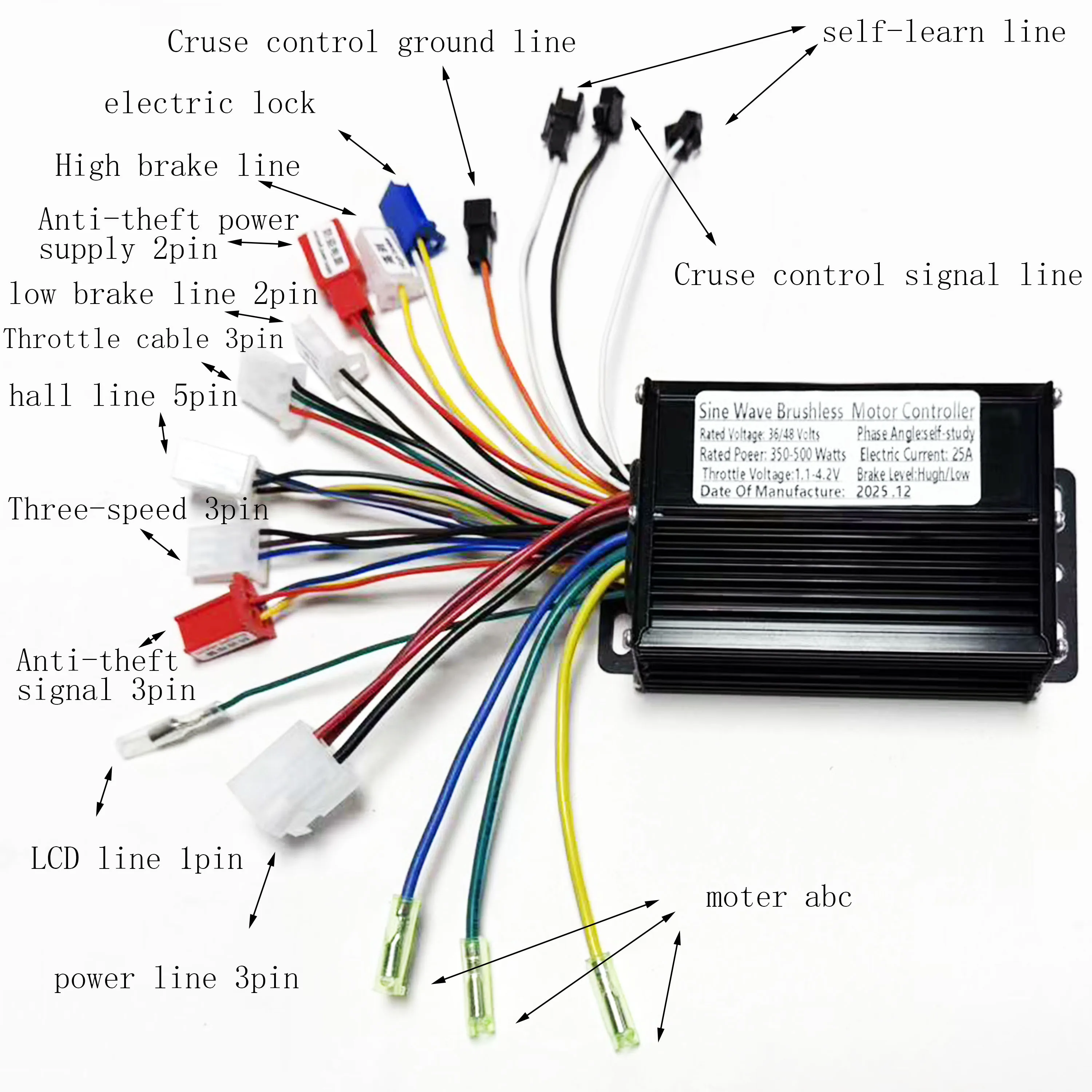 Controlador de Motor Sem Escovas de Onda Senoidal 36V/48V 300W/500W 25A, Tri-modo, para Bicicletas Elétricas e Motocicletas.