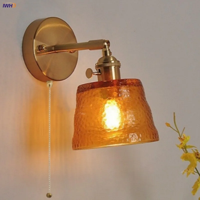 IWHD Amber Brass LED Wall Lights Dining Living Room Balcony Vintage Glass Up Down Rotate Bathroom Mirror Light Sconce Wandlamp