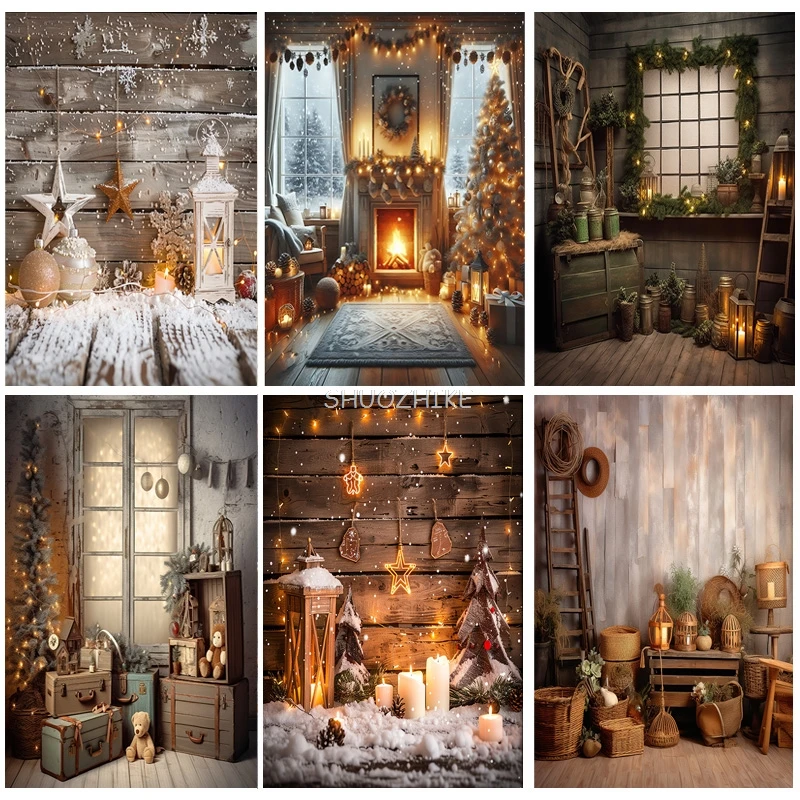 

Vintage Christmas Day Photography Backdrops Prop Fireplace Winter Xmas Tree Decoration Flower Garland Wood Door Background JL-07