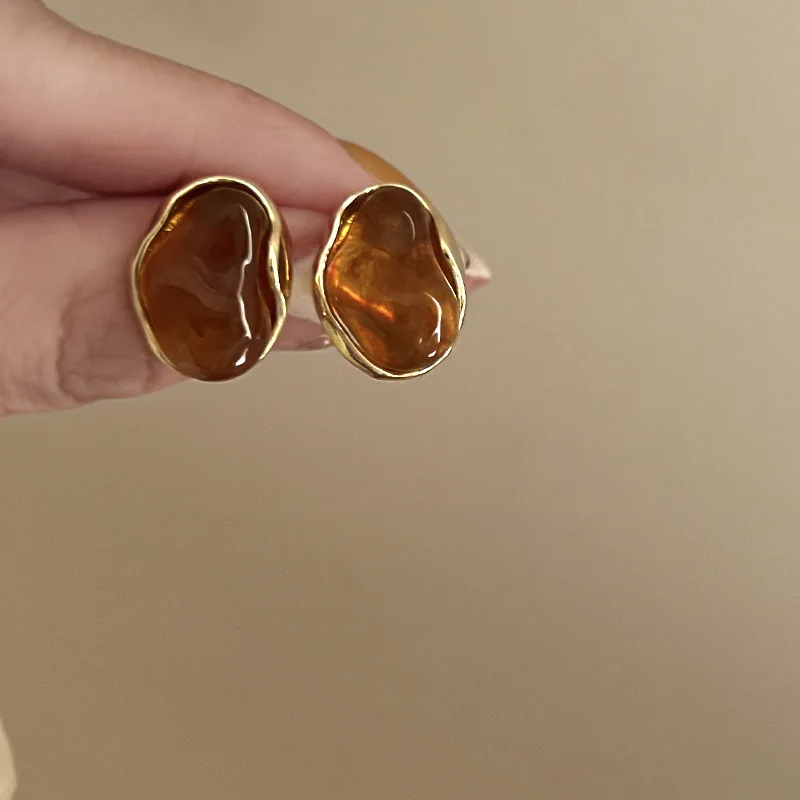 خمر براون الراتنج حجر عين النمر استرخى أقراط للنساء العصرية الذهب اللون إطار معدني الهندسة أقراط مجوهرات هدايا