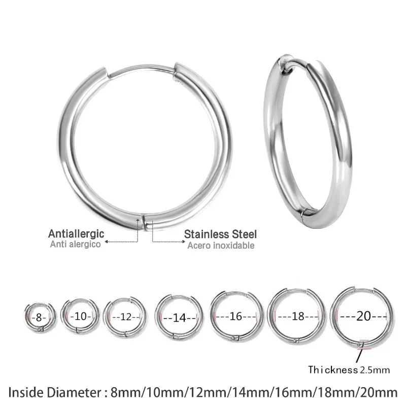 2Pcs Small Hoop Earrings for Women Men, Silver Color Stainles Steel Round Circle Pendientes Mujer 2023 Hypoallergeic