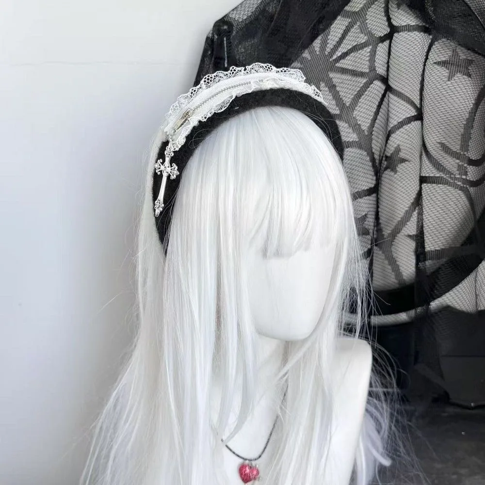 Y2K Gothic Lolita JK Cerchietto per capelli con bordo increspato KC Donna Ragazza Cosplay Fasce per capelli nere scuri Accessori per capelli Landmine