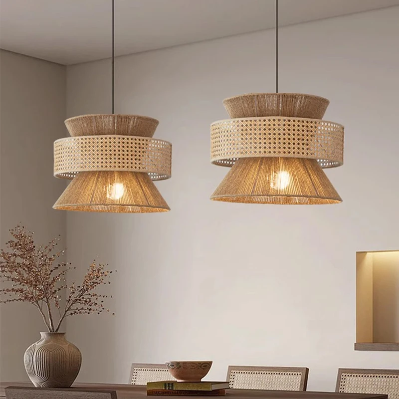 Imagem -02 - Handmade Woven Rattan Teto Lustre Hemp Rope Pendant Light Industrial e Retro Restaurante Lâmpada Sala de Jantar e Quarto