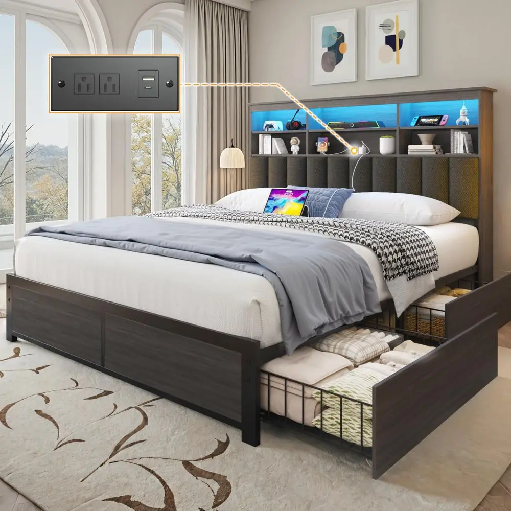 

Full Bed Frame with Headboard, Full Bed Frame with High Storage Bookcase Headboard,4 Storage Drawers amp Charging Station amp L