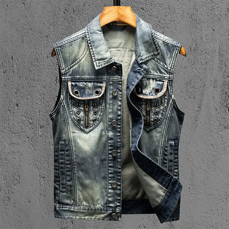 

Spring and Autumn New Sleeveless Denim Vest Men's Personalized Locomotive Multi Willow rivetTop vest men men vest